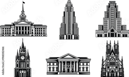 Architectural icons, building silhouettes, neoclassical gothic art deco, cultural landmarks, urban design, historical structures, flat vector illustration