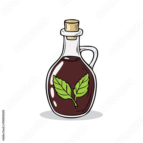 Clear glass bottle with handle filled with dark liquid and green leaves inside symbolizing health or natural remedy