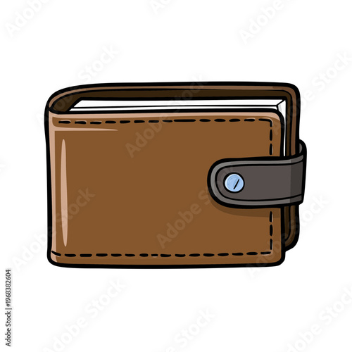 Brown leather bifold wallet with snap closure and stitched details for carrying cash and cards