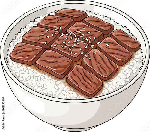 Delicious Japanese Beef Donburi Bowl with Sesame Seeds.