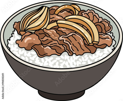 Delicious Japanese Beef Bowl with Rice and Onions.