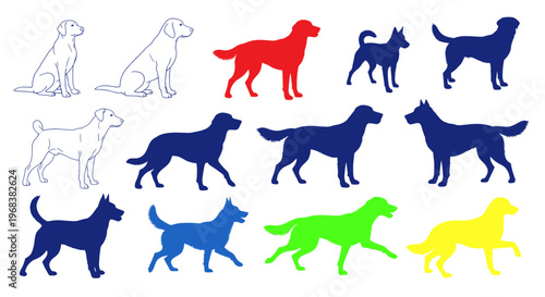 Dogs in various colors standing still.