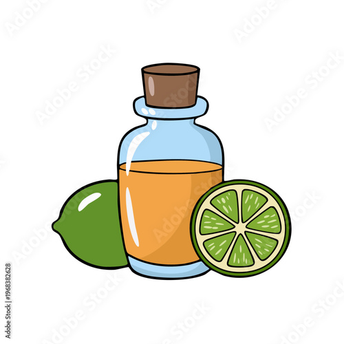 Lime Essential Oil in Glass Bottle with Fresh Lime Fruit