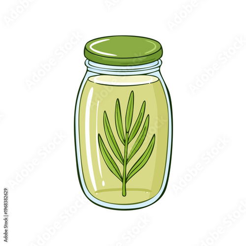 Hand drawn jar with green leaf and liquid inside