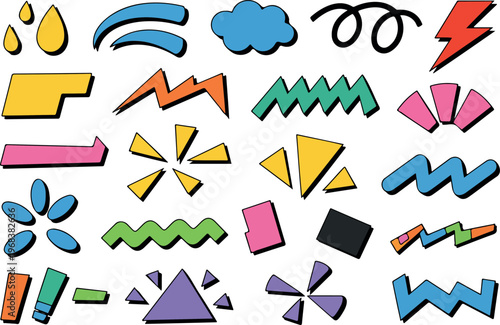 Comic style decorative elements vector set with colorful burst shapes lightning bolts doodle lines and abstract accents for fun design