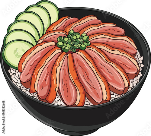 Delicious Japanese donburi bowl with sliced meat and fresh cucumber.