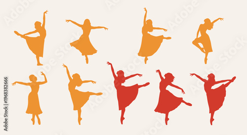 Dynamic silhouettes of graceful female dancers captured in various elegant poses, beautifully illustrating artistic expression, fluid motion, and performance art.