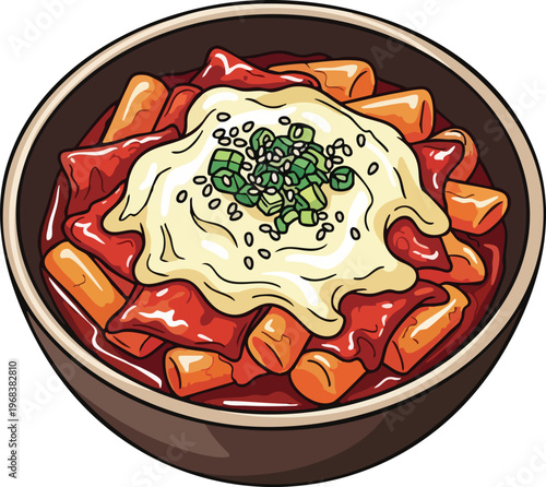 Delicious Tteokbokki with Melted Cheese and Scallions in a Bowl.