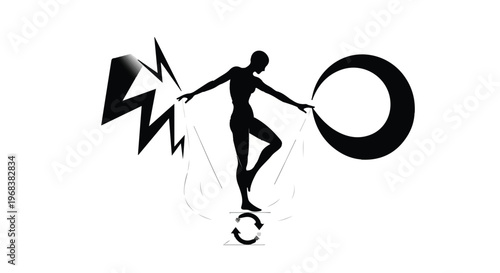 Silhouette of person balancing on ball with moon and lightning