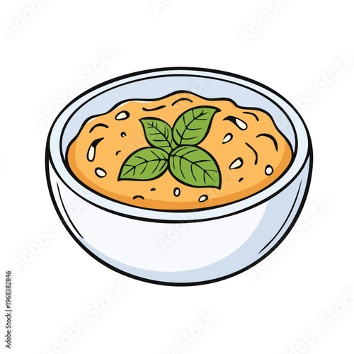 Delish Hummus Dip Topped With Fresh Green Basil Leaves in a White Bowl