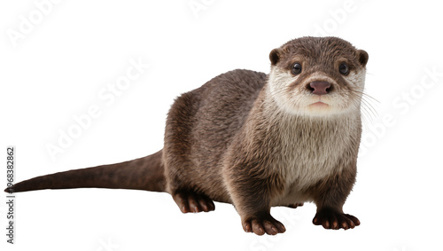 Adorable river otter standing on paws displaying sleek brown fur and a curious expression, isolated on transparent background for wildlife designs