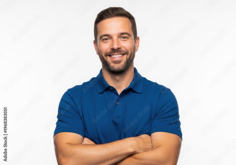 Fototapeta premium Smiling man with folded arms with he is wearing a blue polo shirt
