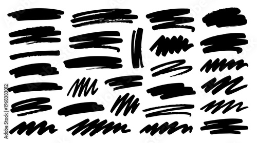 Hand drawn doodle highlighter style swipes set, playful sketchy marker highlight strokes, expressive vector collection, isolated on white background