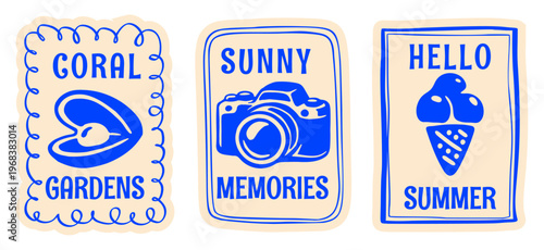 Retro Summer Beach Postcard Sticker Set with Pearl, Camera, Ice Cream, Vintage Hand Drawn Travel Postage Stamp Signs Flat Vector Illustration for T-Shirt Prints, Poster, Sticker, Travel Design