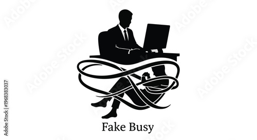 Businessman sitting at desk with swirling lines, fake busy concept