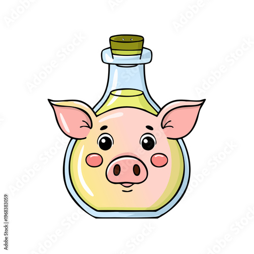 Whimsical pig face potion bottle with yellow liquid and cork stopper, cartoon illustration