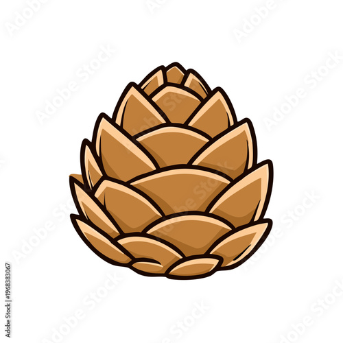 Stylized brown pine cone with visible scales and a simple outline illustration