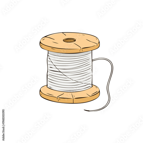 Wooden spool wound with white thread and a loose end for sewing or crafting