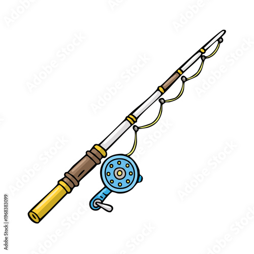 Hand drawn fishing rod with reel isolated on white background for outdoor recreation and angling