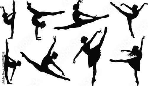 Ballet dancer silhouettes, graceful poses, dance movement, flexibility, black vector art, performance elegance, athletic artistry, handstand, split, arabesque, motion