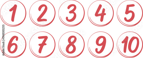Hand drawn numbers 1 to 10 in red circles vector illustration set with doodle style for education counting and learning concepts