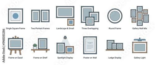Various line art illustrations of picture frames and gallery displays showcase diverse arrangements, including single, multiple, overlapping, and round designs, presented in a clean, minimalist style