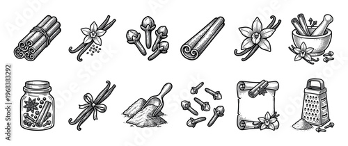 Set of vintage hand-drawn spice icons featuring cinnamon sticks, vanilla pods, cloves, a mortar and pestle, and a grater in a detailed black and white engraving sketch style