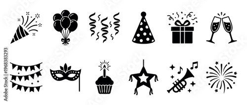 Set of black party celebration icons featuring a birthday cupcake, gift box, balloons, party hat, confetti popper, and champagne glasses in a minimalist glyph design