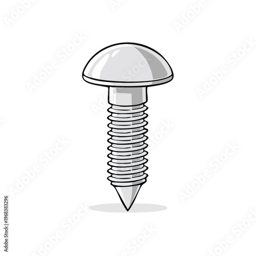 Illustration of a single metal machine screw with a round head and pointed tip