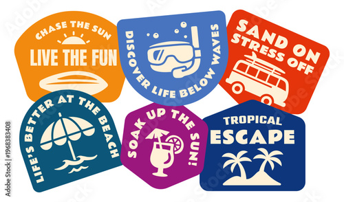 Retro Summer Beach Sticker Pack for Surf, snorkeling, travel, holiday, vacation, Colorful Vintage Flat Vector Illustration Badge Set for T-Shirt Print, Posters, Logos, Decals, and Summer Designs