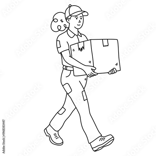 female delivery courier carrying cardboard package box for fast residential shipping service