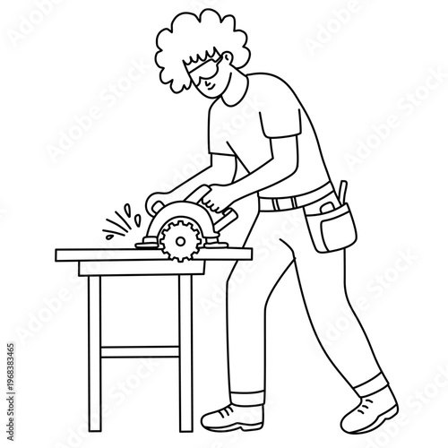 male carpenter using electric circular saw to cut wood on workshop table