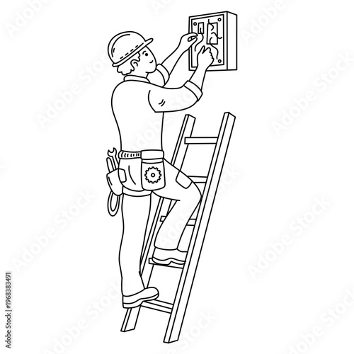 Male electrician standing on ladder repairing electrical fuse box on the wall