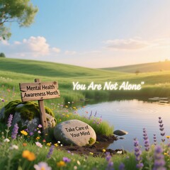 Mental Wellness Oasis: A tranquil scene unfolds, a serene lake framed by verdant hills and a gentle sky. A wooden sign whispers Mental Health Awareness Month, and a stone invites.