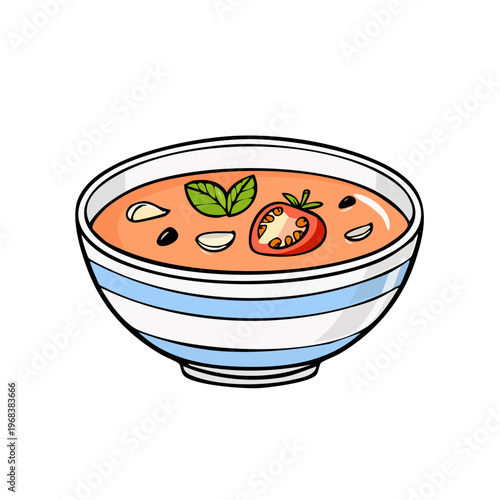 Illustration of a bowl of gazpacho soup with tomato and basil garnish