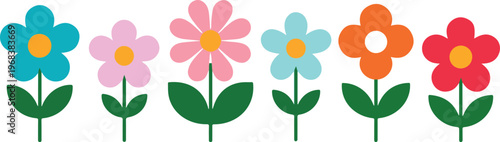 Cute colorful flower vector set with simple flat floral illustrations including leaves and stems for decoration and design projects