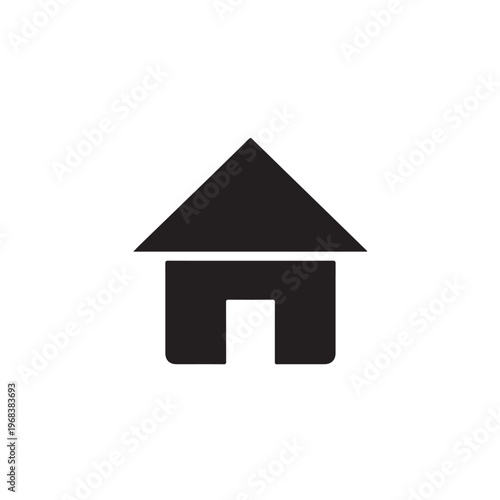 Minimalist black icon of a house with a triangular roof and central door represents shelter or home.