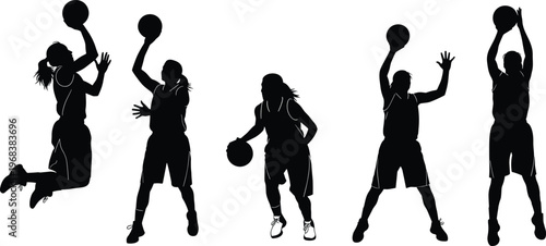 Basketball silhouettes, action poses, dribbling, shooting, jumping, sports icons, black vector, athletic motion, male, dynamic, ball, stance, play, game, athlete, court, movement, illustration, comp