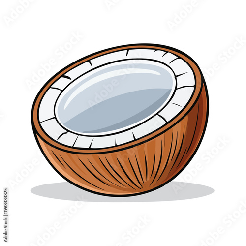 Half coconut with white flesh and brown husk isolated on white background