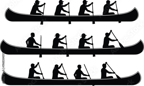 Silhouettes of three canoes with groups of people paddling together, teamwork, synchronized rowing, outdoor sport, water activity, collective effort illustration