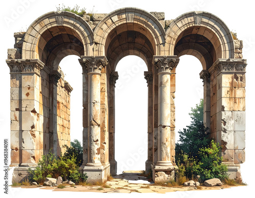 Ancient stone triple archway with weathered pillars and overgrown greenery