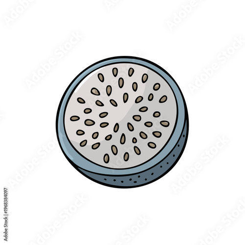 Illustration of a sliced dragon fruit revealing its speckled interior and textured rind