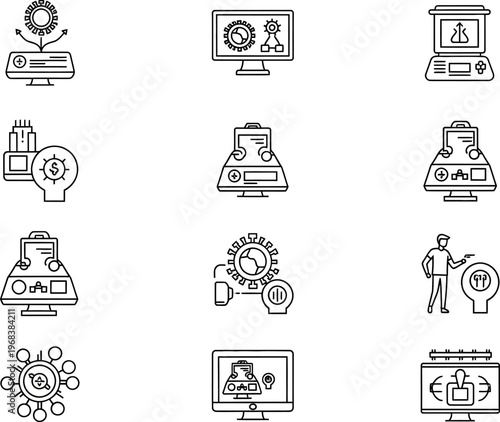 Collection of linear icons depicting various industrial and technological devices