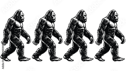 Black and white illustration of bigfoot sasquatch walking, mythical creature yeti set collection, forest legend monster isolated on white background.