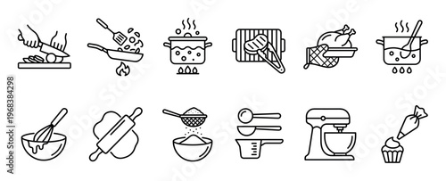 Cooking and baking line icon collection illustrating food preparation steps from chopping vegetables and grilling meat to mixing dough and decorating a cupcake with icing