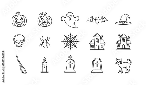 Halloween outline icon set with pumpkin ghost bat skull witch hat vector collection