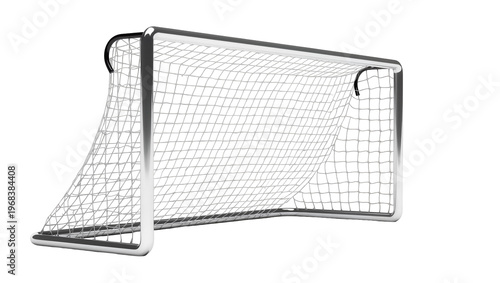 Modern silver metal soccer goal post with durable white netting, isolated on transparent background for sports branding and promotional use