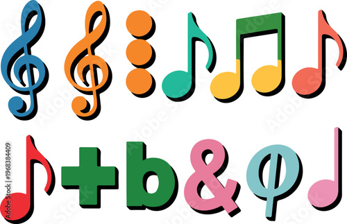 Colorful music symbols set with treble clef notes and musical icons collection for sound design audio education and entertainment themes