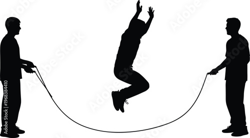 Silhouettes of three figures skipping rope together, teamwork, rhythm, coordination, outdoor physical activity, childhood fun, fitness illustration