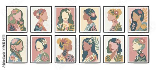 Beautiful collection of twelve framed portraits of faceless women in a modern paper-cut style, featuring elegant botanical and floral elements in a serene, muted color palette